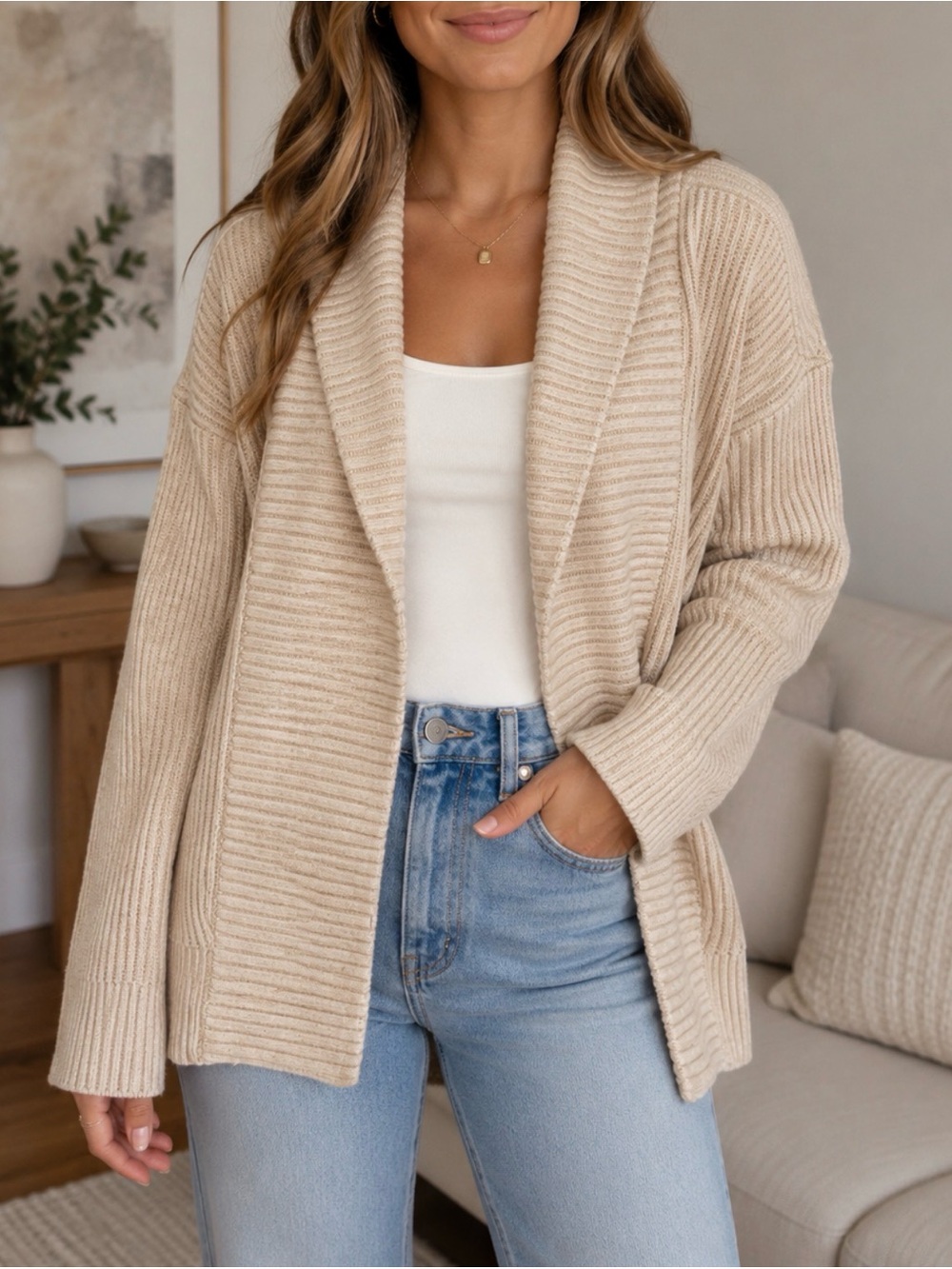 Banana Republic Beige Open-Front Ribbed Shawl Cardigan